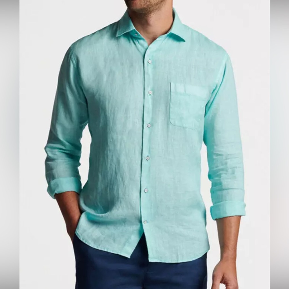 PETER MILLAR CROWN Coastal Garment Icy Mint Linen Untucked Casual Shirt Sz 2X